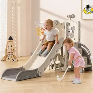 BIERUM 6-in-1 Toddler Slide for Ages 1-3 – L-Shaped Indoor Outdoor Baby Playset with Basketball Hoop, Golf Game & Telescope, Kids Slide Climber