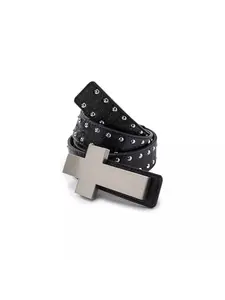 Men's Punk Style Ripped Texture Studded Cross Buckle Belt Y2K Aesthetic Adjustable Fashion Waist Belt for Casual Streetwear Outfits