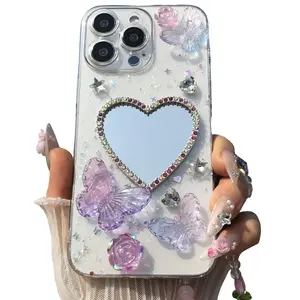 Butterfly & Rhinestone Decor Phone Case, Mirror PC Transparent Hard Shell Rear Cover Casing, Protective Smartphone Case for iPhone 16 15 14 13 12 Pro Max, Phone Protector