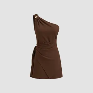 Cider [3 colors, size 0-10] Asymmetrical Neck Metal Detail Draped Mini Dress