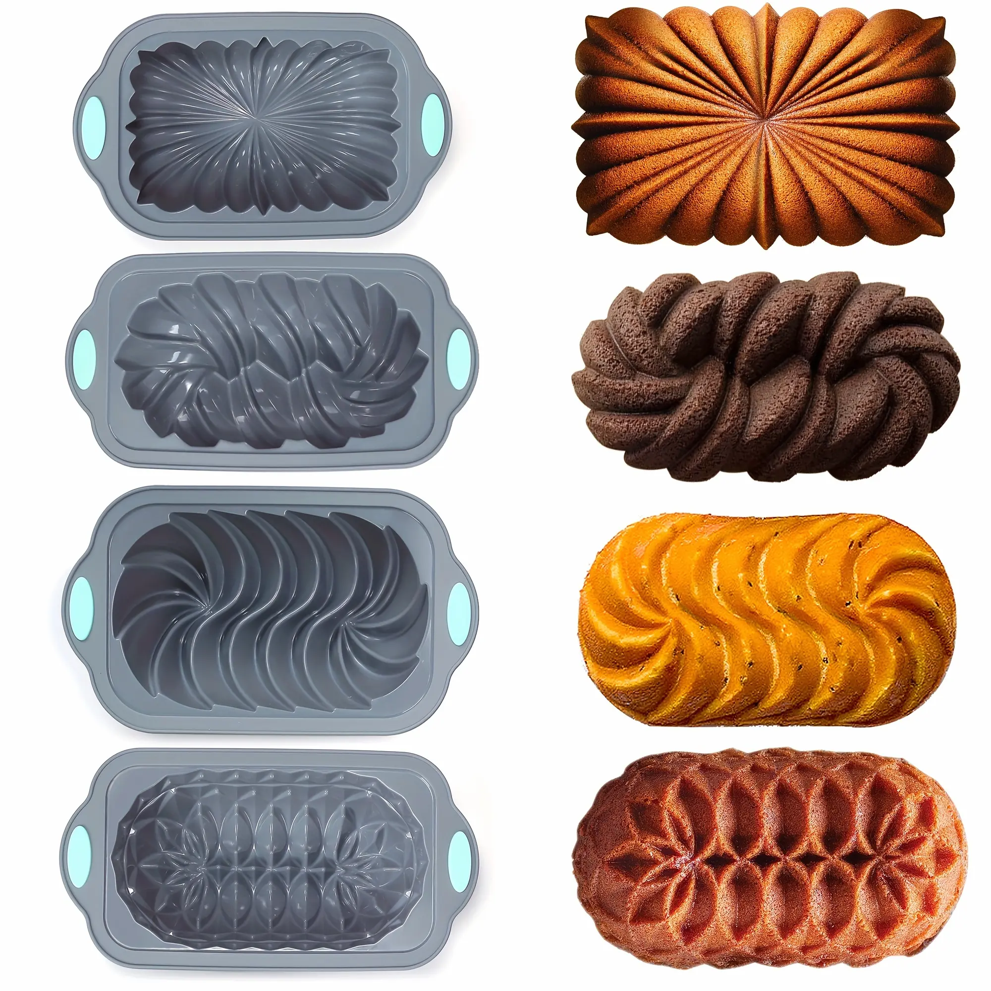 4 pack Silicone Bread Loaf Pan, Exclusive & Novelty Collection Cake Pans, Lotus/ Spiral/ Braided/Classic Fluted Shape Loaf Pan, Oven Rectangular Non-Stick baking mold for Cakes, Breads, Meatloaf and quiche, jelly