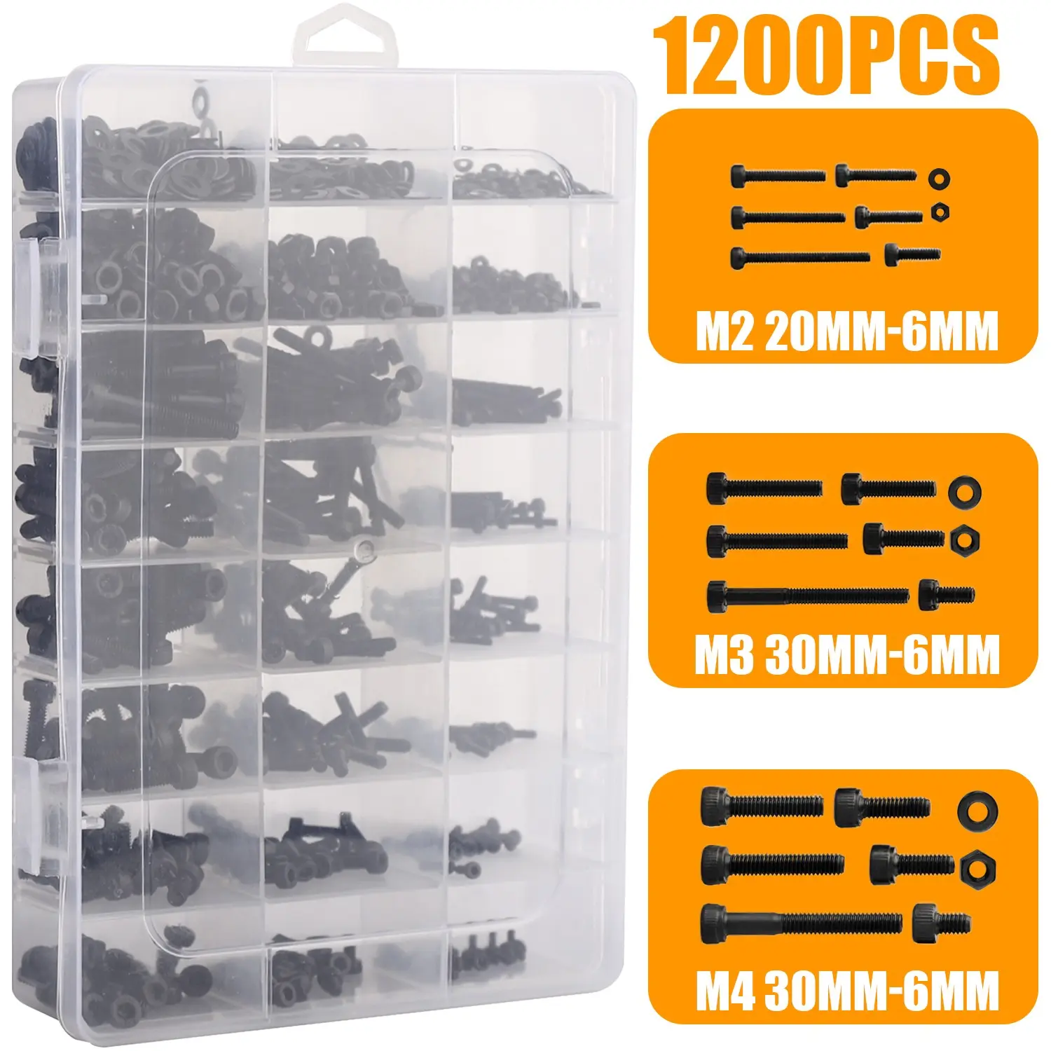 Tech Repair DIY 1200Pcs M2 M3 M4 Hex Socket Head Cap Screws Bolts Nuts Assortment Kit Black Fastener Hardware For PC Build 3D Print Furniture