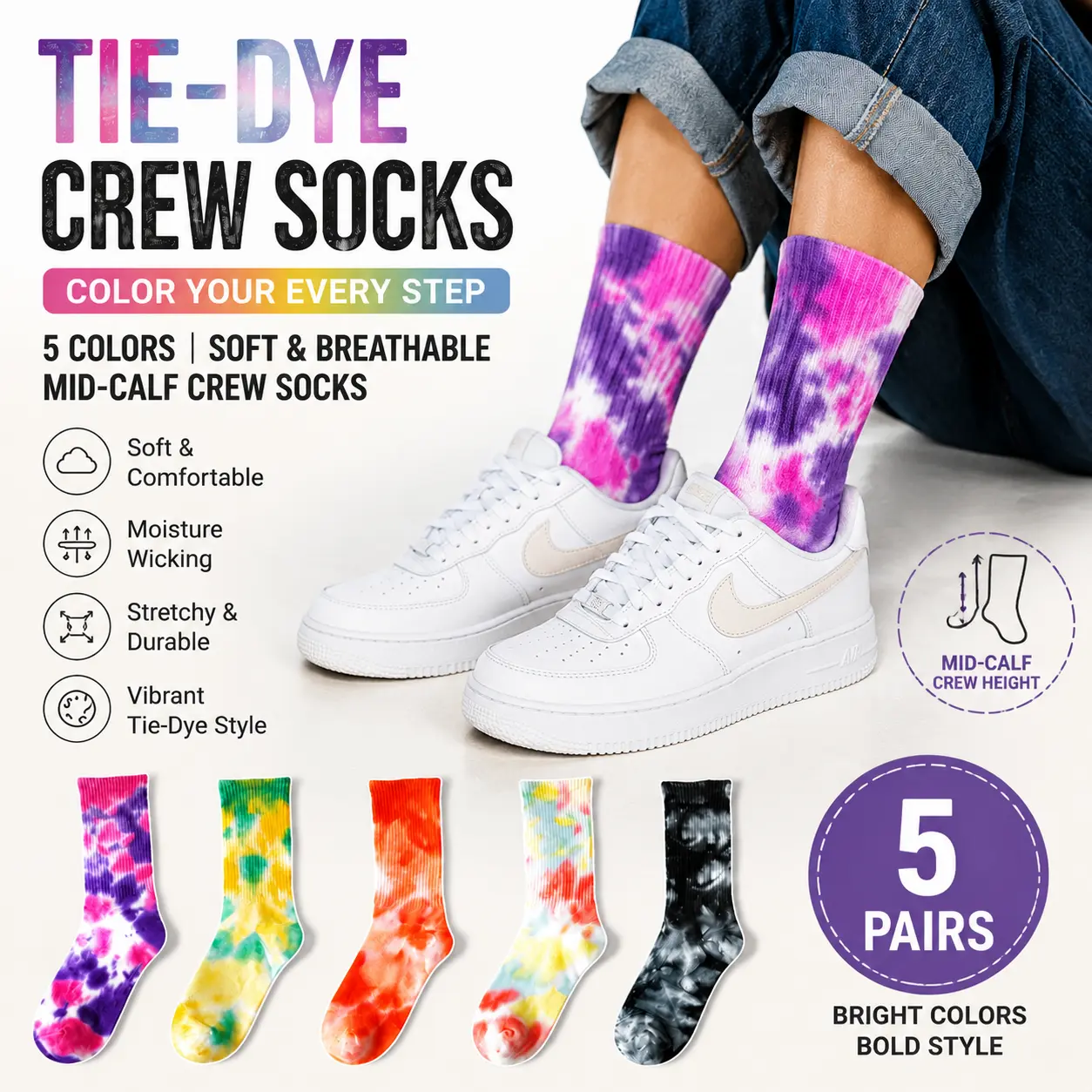 Tie-Dye Cotton Crew Socks for Men & Women - Breathable, Soft, Multi-Color Casual Socks for Daily Wear, Streetwear, and Sports  socks women