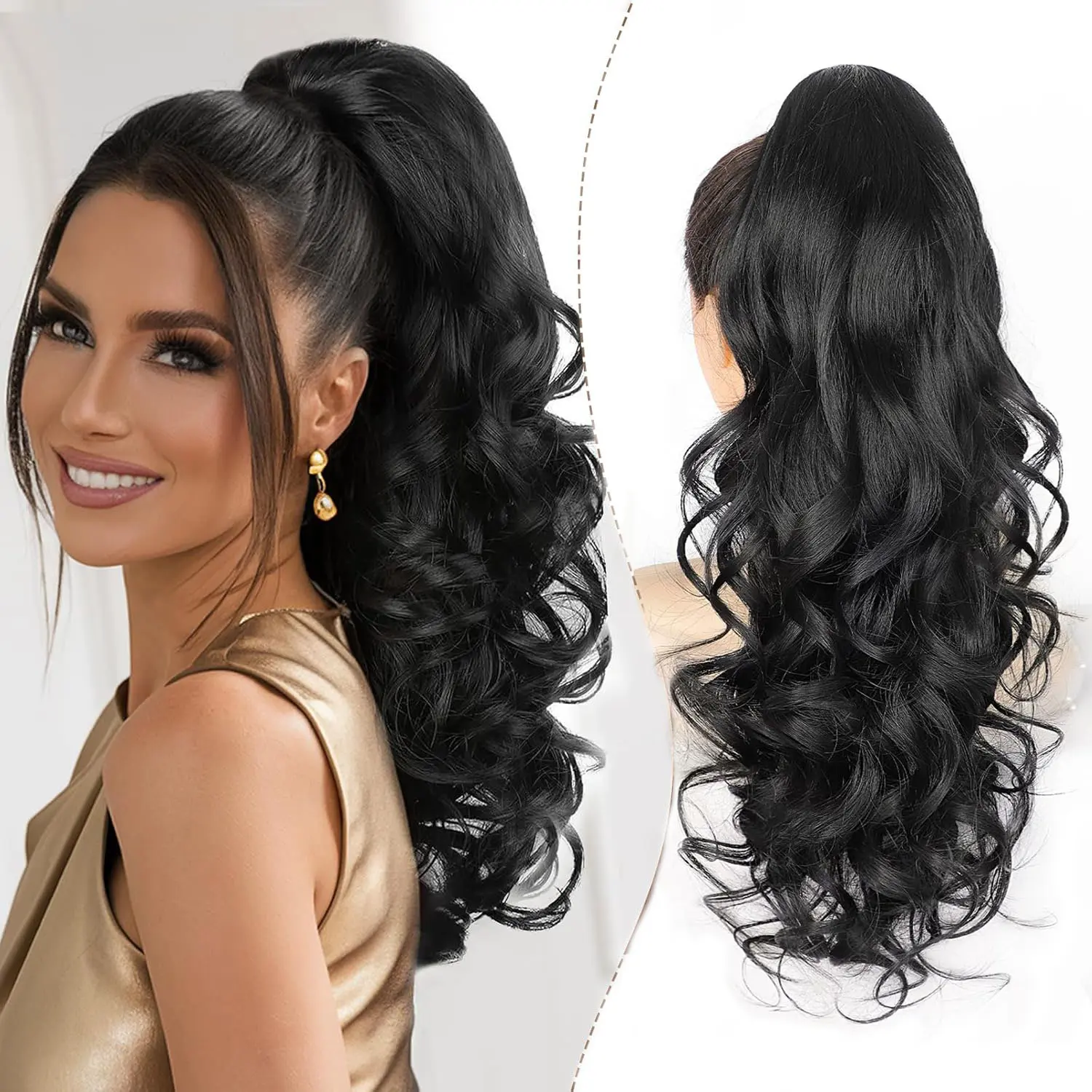 PonyTails for Women 22 Inch Claw Clip Ponytail Extension Wavy,Long Curly Wavy Natural fake black ponytail Loose Fake Ponytails Extensions for Wedding Party Daily Use Darkest Brown