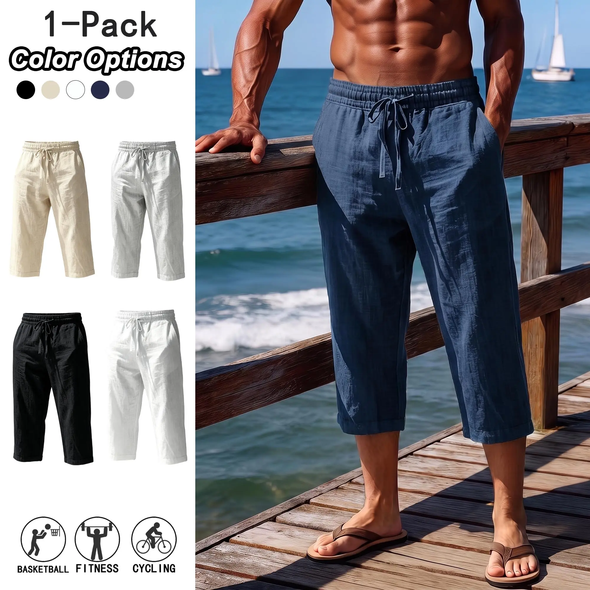 Men’s summer sports casual loose breathable straight leg pants made from Lyocell linen; 7/8 length with adjustable drawstring, stretch fabric, and deep pockets—ideal for vacations, beach outfits, and everyday wear.