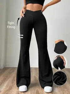Women's High Waist Crossover V Front Flare Pants, Soft Stretchy Yoga Pants, Casual Workout Bell Bottoms For Daily & Gym, Loungewear
