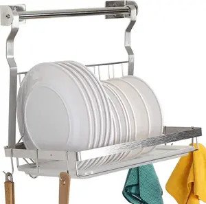 Over Sink Dish Drainer Drying Rack, Stainless Foldable Wall Mounted Dish Racks with Drainboard Rod and Sponge Holder, Silver