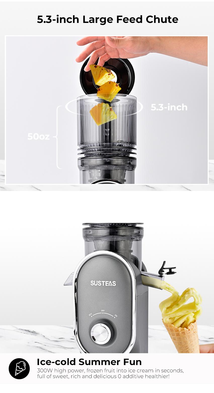 SUSTEAS Juicer Machine Cold Press Juicer 5.3 Inch Large Feed Opening Slow Masticating Machine High Yield Easy to Clean Whole Fruit Juicing