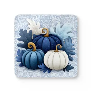 Fall-Themed Corkwood Coaster Set, Seasonal Home Decor, Pumpkin Coasters, Blue and White Coasters, Autumn Gifts, Cozy Living Accessories