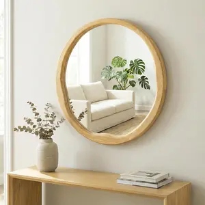 Natural Wood Round Wall Mirror 30 Inch, Large Solid Wood Framed Mirror with Wavy Inner Edge for Bathroom Vanity, Living Room & Organic Boho Decor