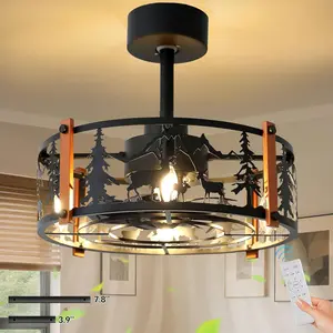 Rustic Farmhouse Ceiling Fan with Light, 18.9" Caged Fandelier with Forest &  Design, 6-Speed Reversible Quiet , Remote Control,  Chandelier Ceiling Fan for Bedroom Living Room Kitchen