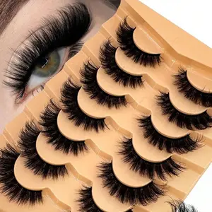 7 Pairs D-Curl Russian Volume 5D Faux Eyelashes – Natural Fluffy Mink Cat Eye, Cross Wispy Dramatic Extension for a Soft, Natural Look