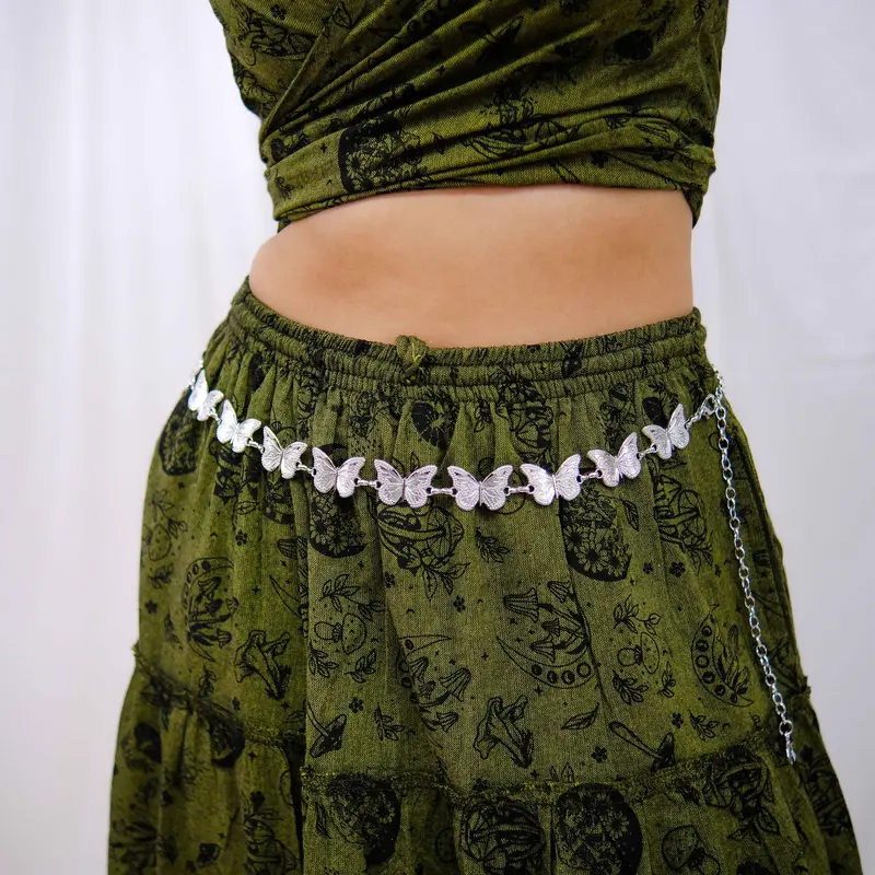 Women's Boho Chain Decorated Design Belt - Whimsical Wiccan Witchy Style Adults' Accessory, Gold-Silver Embellished Edgy Straps, Belt for Dress, Approx. 41"