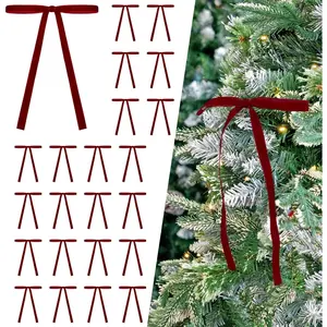 24 Pcs Burgundy/Wine Dark Red Velvet Bows Ornaments for Christmas Tree, Vintage Velvet Christmas Bows Tree Decorations, Indoor Home Decor for Wreath Mantle Gift Wrap Holiday Decor, 3/8'' W, 5 * 7 inch