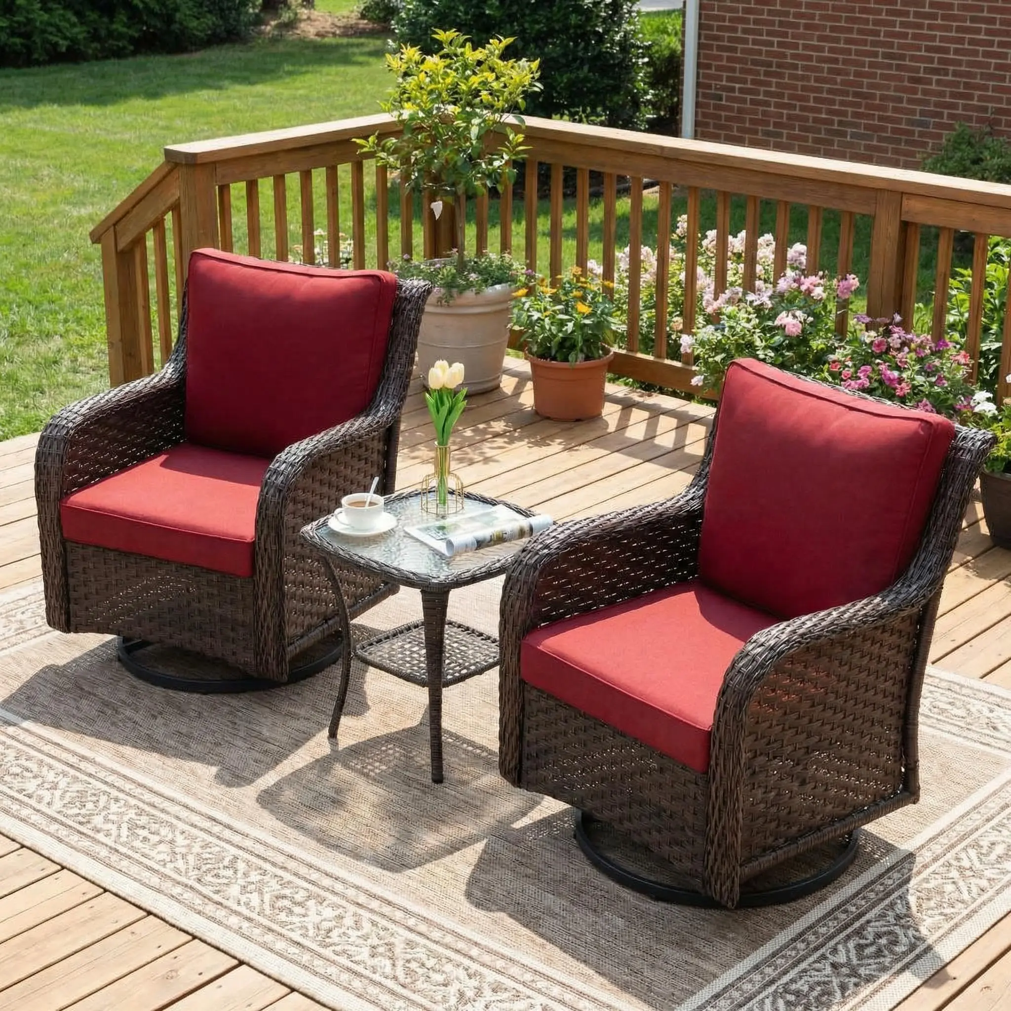 Garvee Durable Rattan Wicker Swivel Rocker Patio Bistro Set, 3-Piece Outdoor Set with 360° Rotating Cushioned Chairs & Tempered Glass Side Table, Perfect for Backyard, Porch or Patio, Rattan