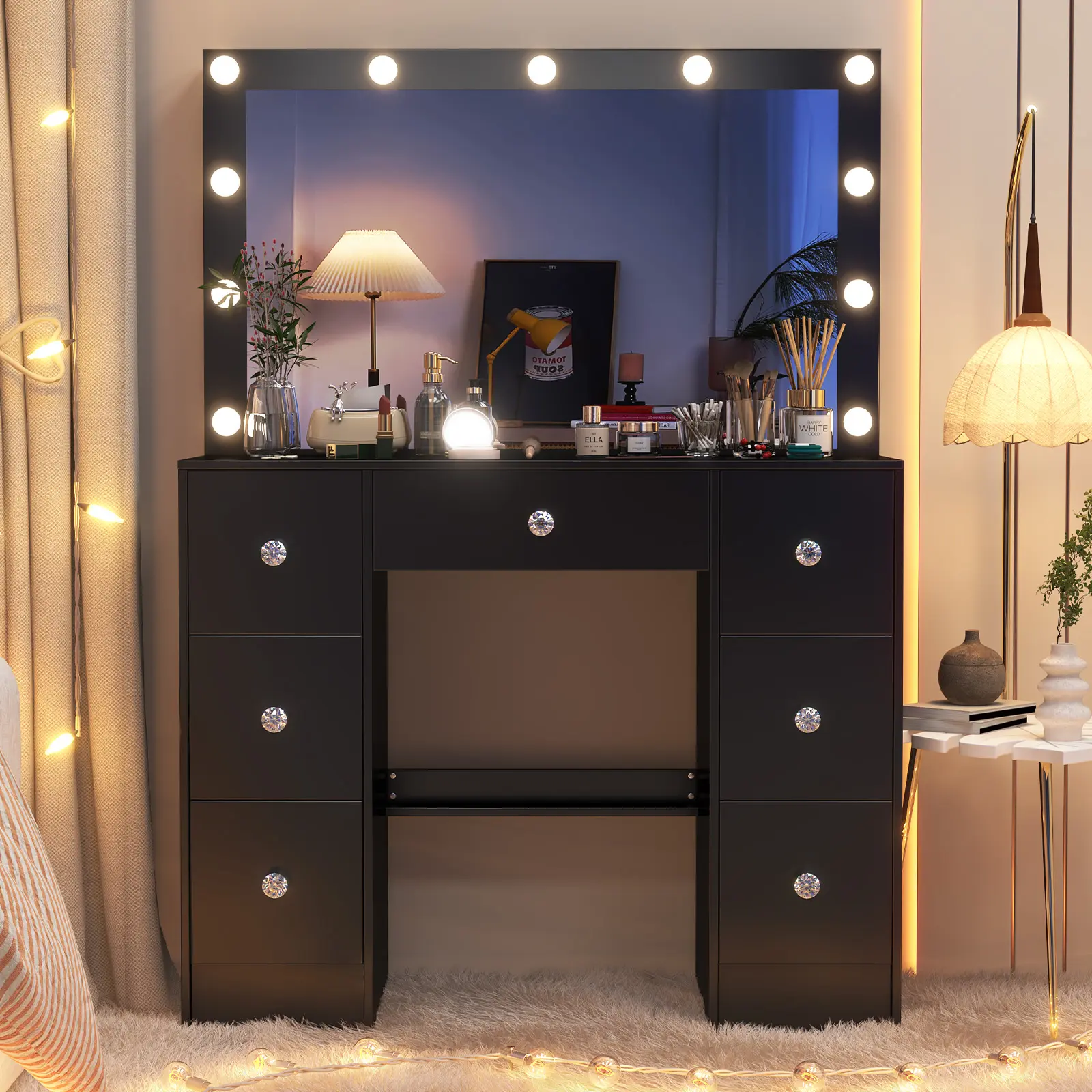 Black Makeup Vanity Desk with Lights and Large Mirror, Hollywood Vanity Table with 11 LED Bulbs, 3 Color Modes, 7 Drawers, Dressing Table for Bedroom