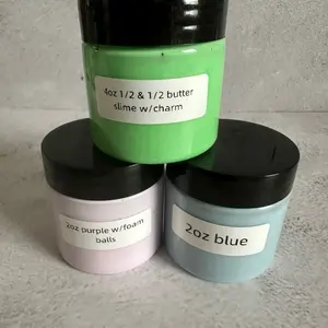 2oz Premade Slime with Charm - 4oz 1/2 & 1/2 Butter Slime, Purple with Foam Balls, Blue