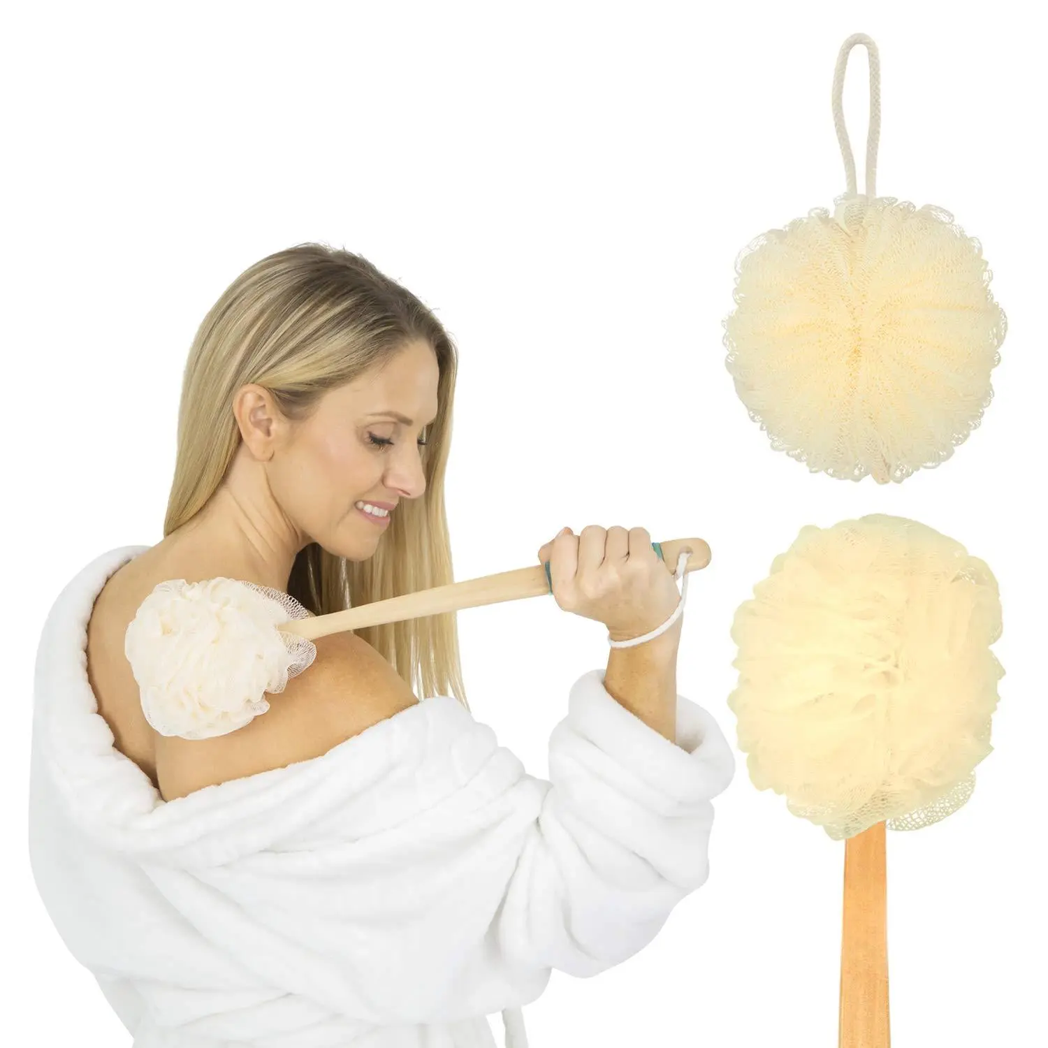 17" Shower Loofah With Long Handle - & Body Scrubber For Men Women Luffa Sponge On A Stick Bathing  Cleaning Includes Extra Handheld Lufa Hook String To Hang Wall