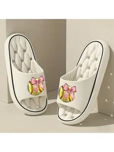 1 pair of bowknot softball print slippers, unisex, thick-soled pillow slippers, men's and women's sandals, EVA sole, lightweight and soft open-toe, shower shoes, suitable for indoor and outdoor beach wear, casual style, suitable for all seasons