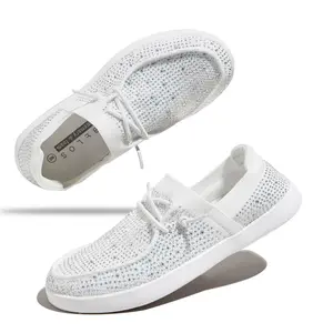 LUCKY STEP Women's Rhinestone Lace Up Loafers Shoes Comfortable Slip On Mesh Knit Walking Shoes Fashion Lightweight Sparkly Glitter Sneaker