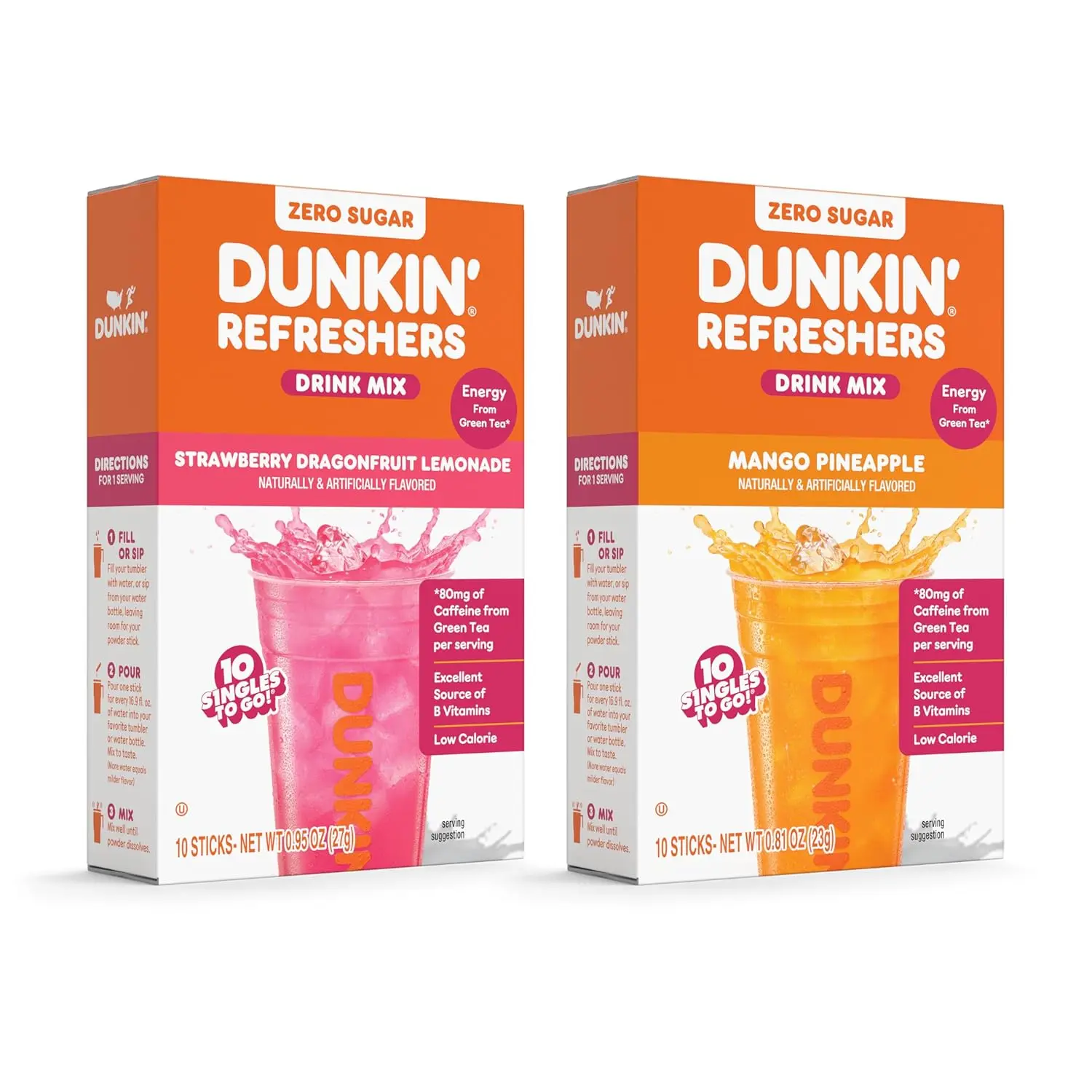 Dunkin' Refreshers Singles To Go Powder Drink Mix Variety Pack, Strawberry Dragonfruit Lemonade & Mango Pineapple, Green Tea Energy, Aspartame Free, No Synthetic Colors, Just Add Water