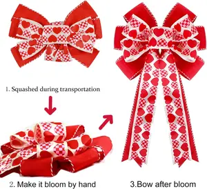 Valentines Day Tree Decorations, Valentine Tree Topper Bow with Red and Pink Heart for Valentines Day Wreath Wedding Holiday Party