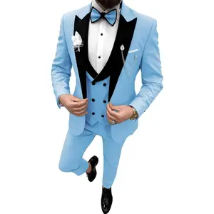 Wangyue Double Breasted Mens Tuxedo Suit Set 3 Piece Wedding Tuxedos for Men Slim Fit Prom Suits Groom Tux with Bow Tie