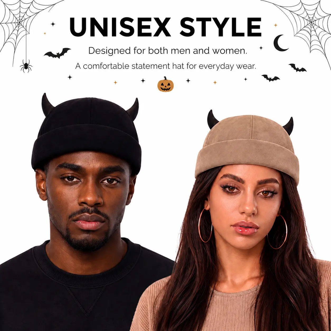 Unisex Novelty Horn Beanie Hat, Pointed Horn Detail for Streetwear Looks and Hip Hop Inspired Outfits, a Casual Headwear Accessory for Men and Women, Halloween Gatherings, Costume Parties, Festival Styling, Photos and Daily Wear