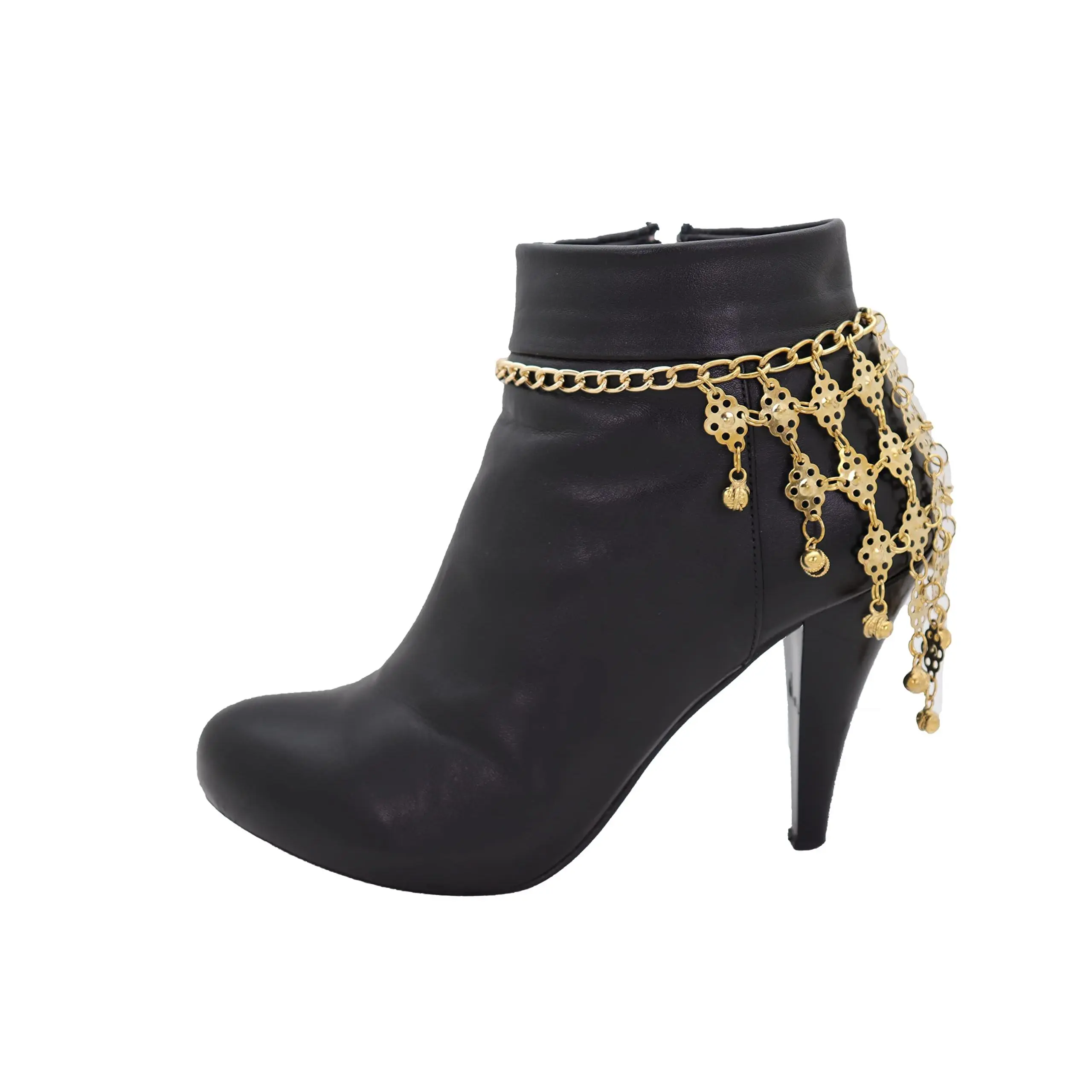 Women Fashion Gold Metal Western Boot Bracelet Chain Shoe Anklet Ethnic Style Bell Charms Back Front