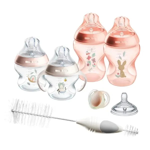 8-Piece Baby Bottle Feeding Set, Includes 5 oz and 9 oz Bottles, Medium Flow Nipple, Pacifier, Removable Handles and Cleaning Brush, Pink