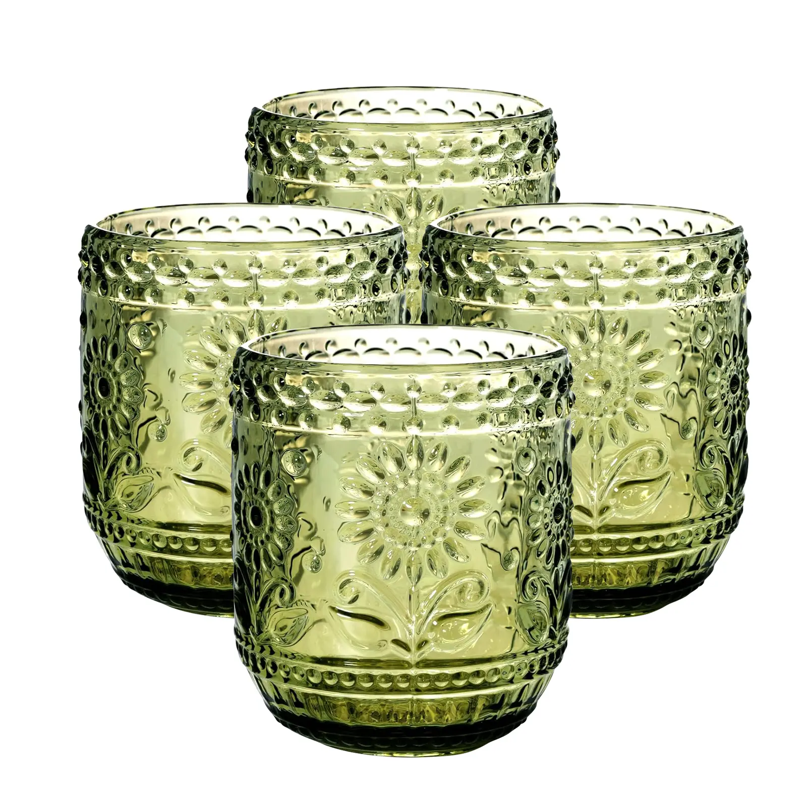 4-Piece 12 oz Vintage Embossed Sunflower Floral Green Glass Tumblers - Premium Drinking Glasses, Whiskey Cups, Durable Kitchen Collectibles