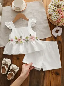 Baby girl clothes, Girl's Summer Forest Set, Forest Embroidered, Girl Flying Sleeve Embroidered Top+Shorts Two piece Set, 3D Flower Embroidery+Mushroom Edge Flying Sleeve, Valentine's Day Gift, Eid al Fitr Dressing, Family Picnic
