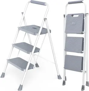 3 Step Ladder Folding Step Stool with Handrail, Anti Slip Pedal, Portable Heavy Duty Ladder for Kitchen Home Garage, Sturdy Steel Frame, Grey