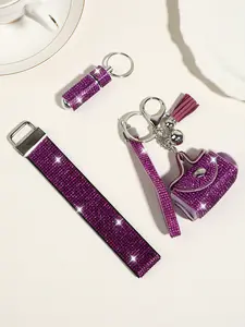 Purple Diamond Keychain Gift Pack, crafted with full-diamond technology for exquisite texture and high durability. It integrates anti-lost wrist strap, lipstick storage and decorative functions in one, an essential daily carry item for outings.