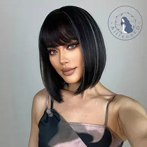 INSTYLE 12 Inch Short Straight Black and Blonde Highlight Bob Wigs with Bangs Synthetic Wig Women's Wigs for Daily Use Party or Cosplay