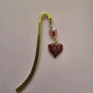 Red Glitter Heart Book Hook Bookmark with glass bead accents for Book Lovers