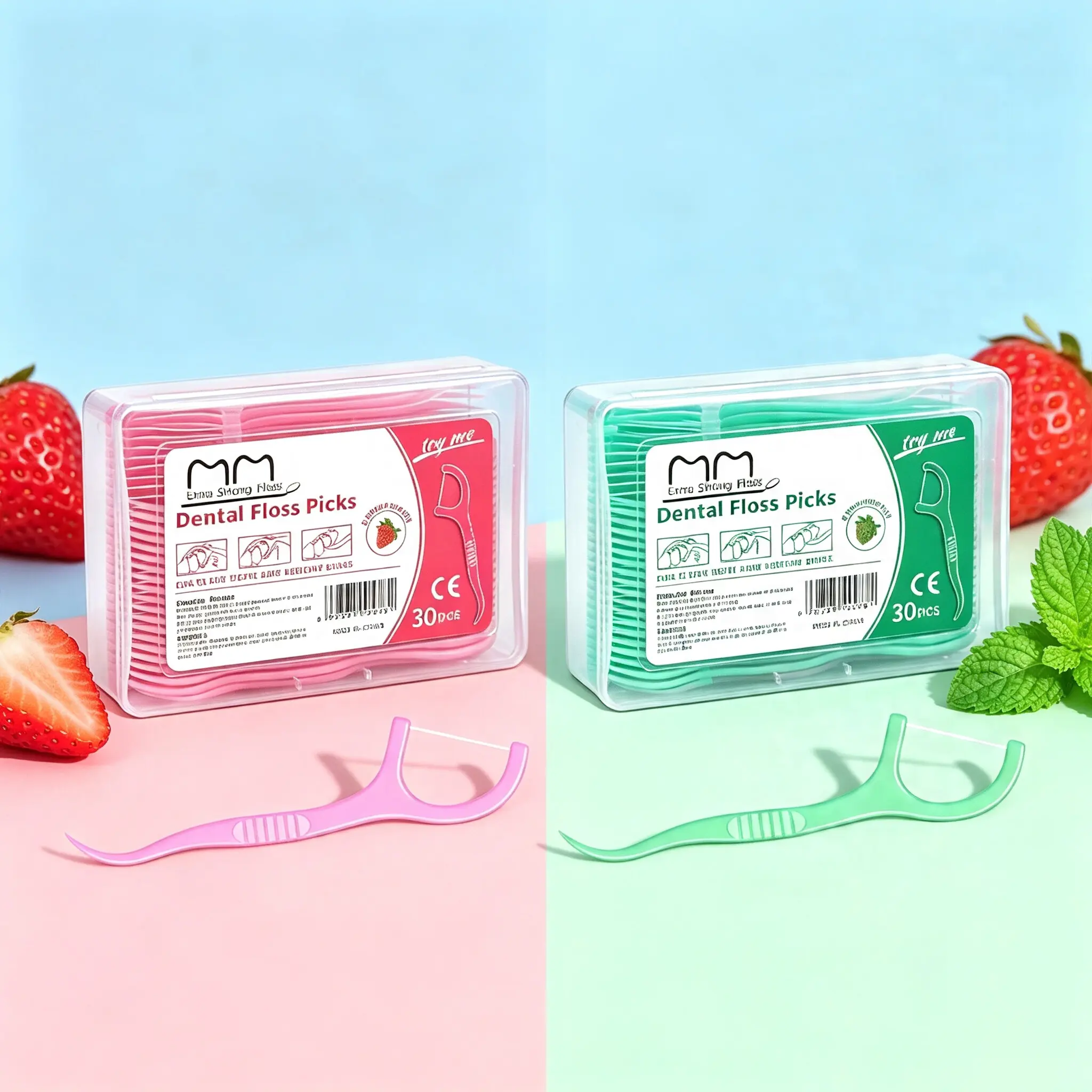 2 boxes of strawberry mint flavored dental floss, disposable oral care dental floss cleaning stick, 1 box of 30 sticks