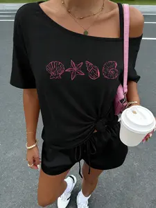 "2026 Trending 2-Pack Off Shoulder T-Shirt & Shorts Set for Women – Y2K Coastal Beach Seashell Print Outfit, Oversized Tee & Striped/Black Shorts,Soft Casual Loungewear,Beach/Brunch/Weekend Outfit, Multiple Colors Available,Cute Preppy Matching Set