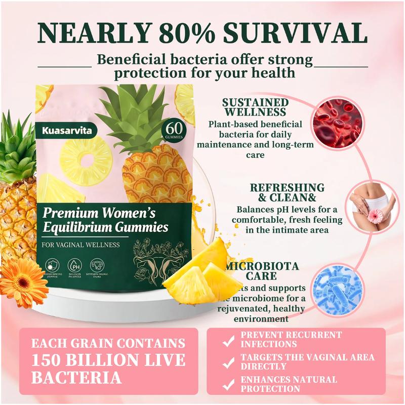 Feminine Balance Gummies Premium Hawaiian Pineapple Flavor for women pH Health Immune Energy Support Vegan Gluten-Free 60 Count