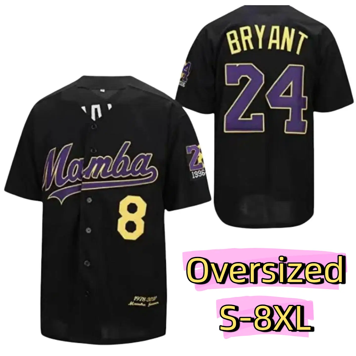 Oversize PLUS SIZE (S-8XL) Men'S Baseball Jersey with "Mamba" & Number 8/24 - Loose Fit, V-Neck, Short Sleeve, All-Season Sports Top for Casual Wear, Outdoor Activities, and Parties, Baseball Shirt, Party Attire, Durable Fabric