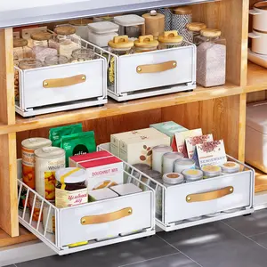 Pull out Cabinet Organizer Heavy Duty Slide out Pantry Shelves Drawer Storage with Adhesive Nano Film Sliding Mesh Cabinet Basket with Handle for Kitchen Bathroom Home 11.8"W X 15.7"D X 6.2"H White