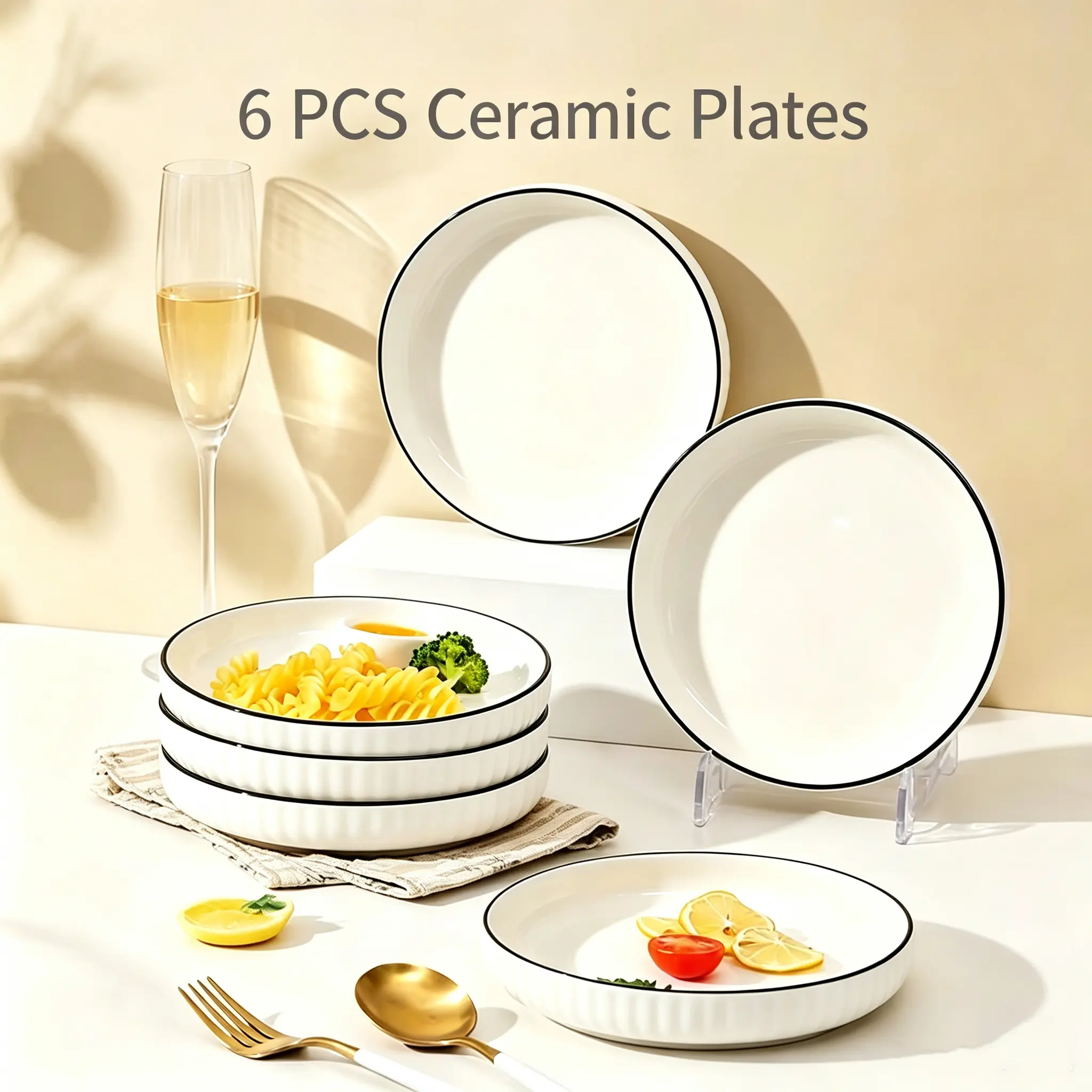 6-Piece 8-in Ceramic Deep Plate Set, Black-Trimmed White Contrasting Disc Dining Table Utensils, Durable Multifunctional Kitchenware for Salads, Pasta