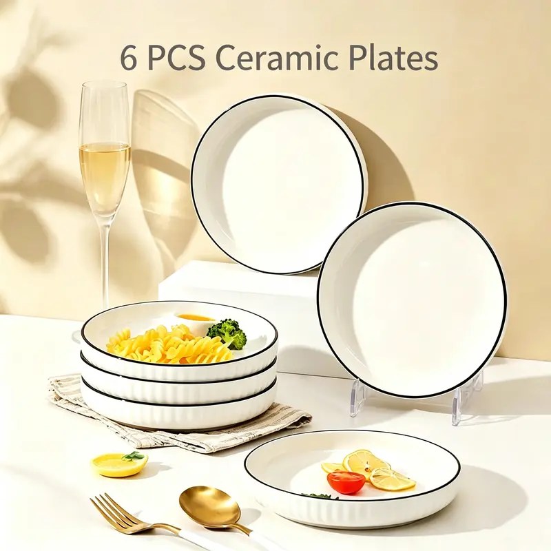 Everyday 6-Piece Ceramic Kitchen Dinnerware 6-Plate Set Ready, 8-in Thick Durable Black-Trimmed White Traditional Dinner Plates, Corrosion Resistant, Dishwasher Safe for Salads, Pasta