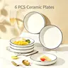 Everyday 6-Piece Ceramic Kitchen Dinnerware 6-Plate Set Ready, 8-in Thick Durable Black-Trimmed White Traditional Dinner Plates, Corrosion Resistant, Dishwasher Safe for Salads, Pasta