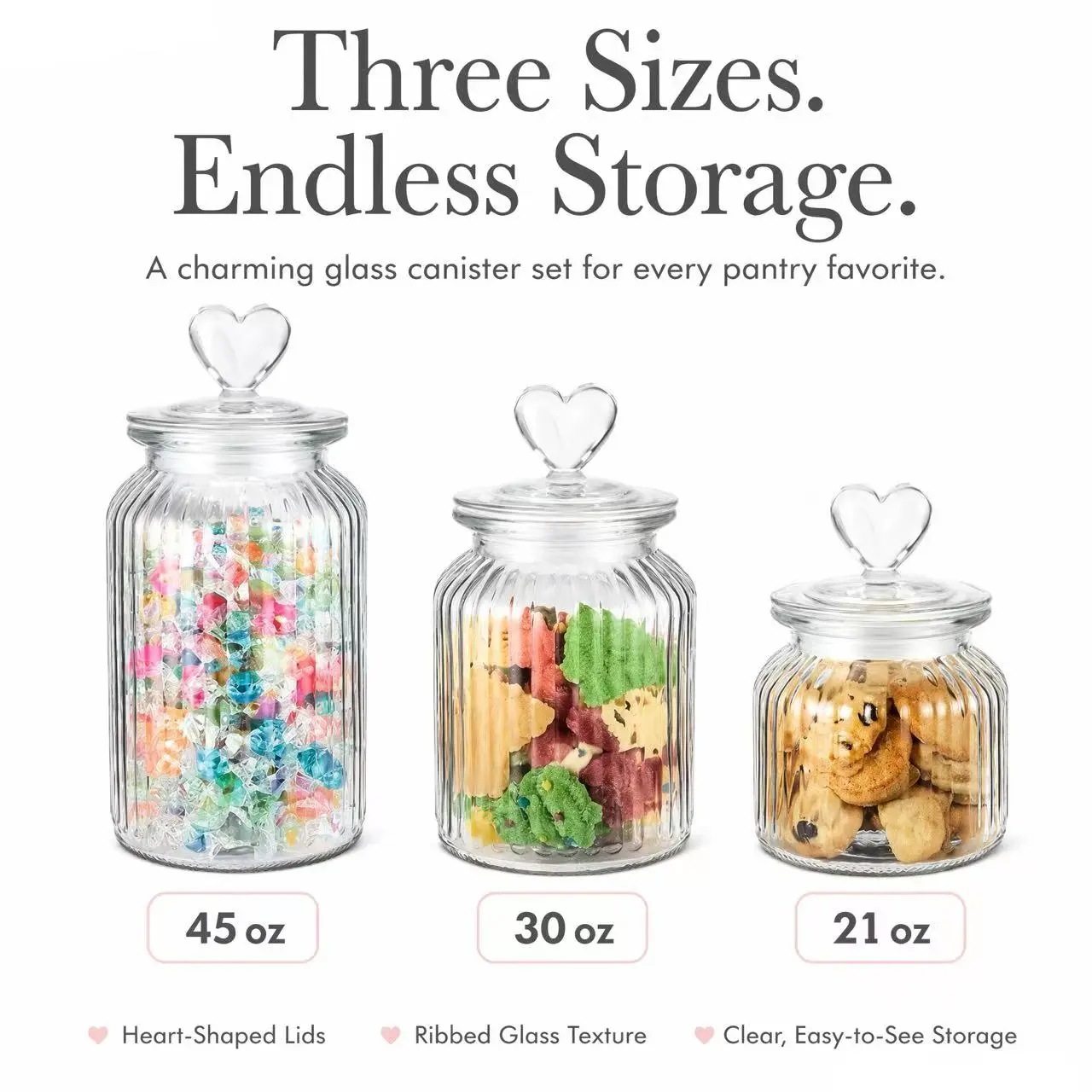 Kitchen Utensils 3-Piece Cylindrical Vertical-Ribbed Transparent Glass Storage Jars with Airtight Lids - Spice Canister Set for Snacks, Dry Goods, Tea, Party Decor
