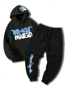 Manfinity 2pcs Unisex Casual Tracksuit Set, Graphic Letter Print Hoodie & Drawstring Sweatpants, Soft Breathable Fabric, Warm Comfortable Fall Winter Loungewear for Men and Women Daily Wear