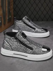 Men's Outdoor Casual Hiking Shoes, Snake Skin Glossy Design, City Leisure Business No-Tie Zipper Board Shoes, Comfortable Walking Sneakers