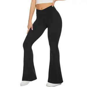 Black Flare Leggings for Women, Crossover Yoga Pants with Pockets Bootcut Flared Leggings