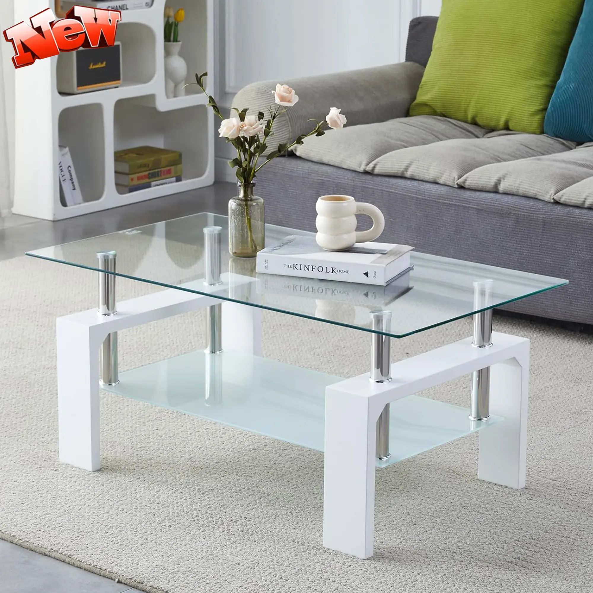 Modern 2-Tier Rectangle Tempered Glass Top Coffee Table, White Tempered Glass Tabletop with Metal Legs and Lower Shelf, Indoor Living Room Center/Side Table