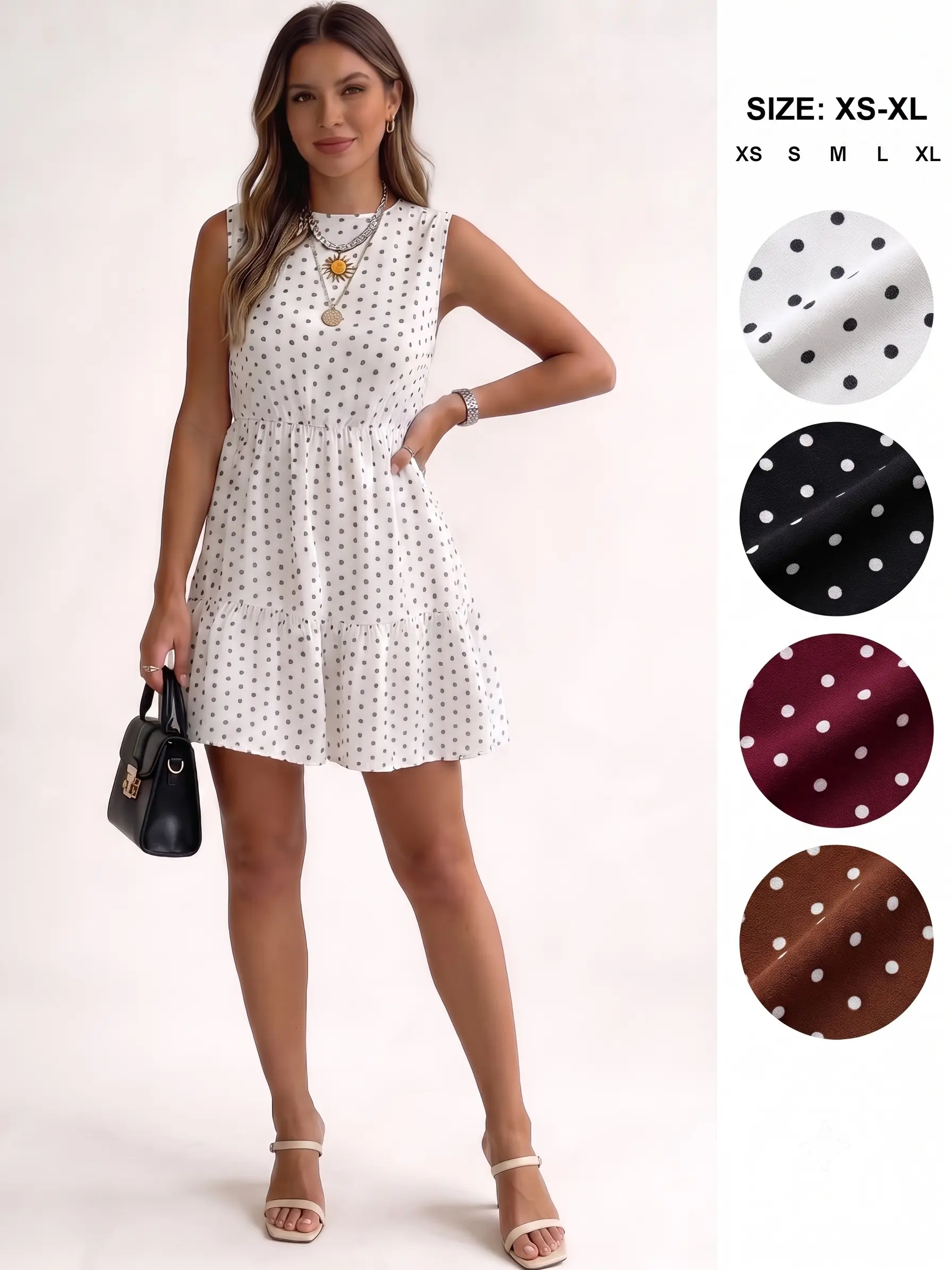 IDEALSANXUN Women's Casual Polka Dot Tiered Layer Sundress, Crew Neck Sleeveless A-Line Mini Dress with Side Pockets, Above Knee, Polyester Outfits (XS, XL)